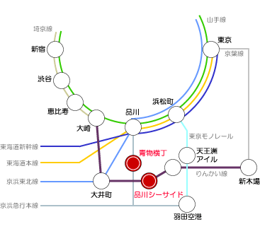 最寄り駅はりんかい線の品川シーサイド駅と、京浜急行の青物横丁駅が便利です。