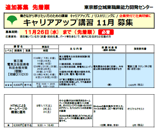 キャリアアップ講習11月追加募集
